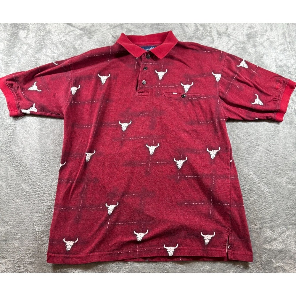 Vintage Western Wrangler Men's Red Polo Short Sleeve Shirt With Cow Skull Size M